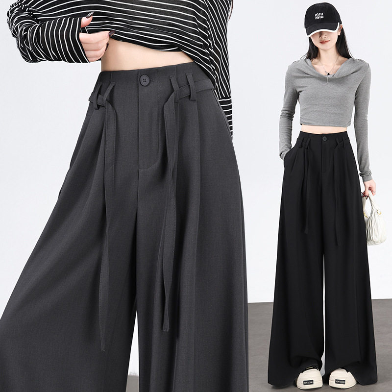 韩版高腰气质系带西装阔腿裤女春夏新款宽松直筒显瘦百搭休闲长裤