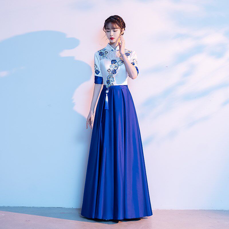 极速大合唱团白色k长款裙复古改良中国风演出服女晚礼服中袖显瘦