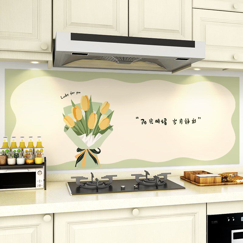 新品ins风郁金香厨o房防油贴纸耐高温灶台墙面翻新贴画自粘墙壁纸