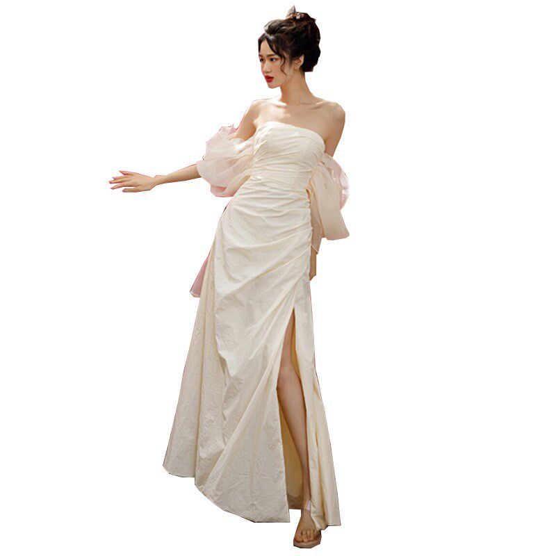 极速缎面轻婚纱出门纱小个子订婚礼服裙一字肩长袖U复古鱼尾晨袍