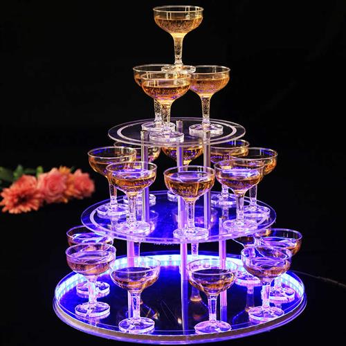 极速新款香槟塔婚庆道具三层圆形灯光款酒塔香槟杯塔婚Y礼酒店布