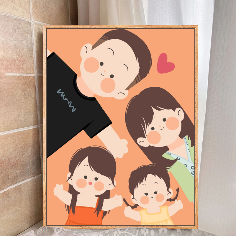幸福一家人cdiy数字油画填充上色画填色卡通油彩画定制客厅装饰画