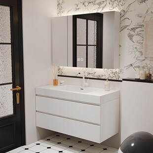 105 115CM洗漱台岩板无缝陶瓷盆浴室柜洗脸池镜柜 卫生间75