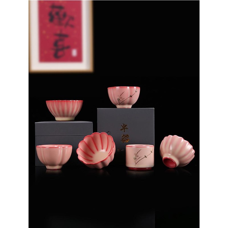 青瓷猪油冻锔钉主人杯五福杯红粉C花瓣杯开片可养复古中式茶杯单