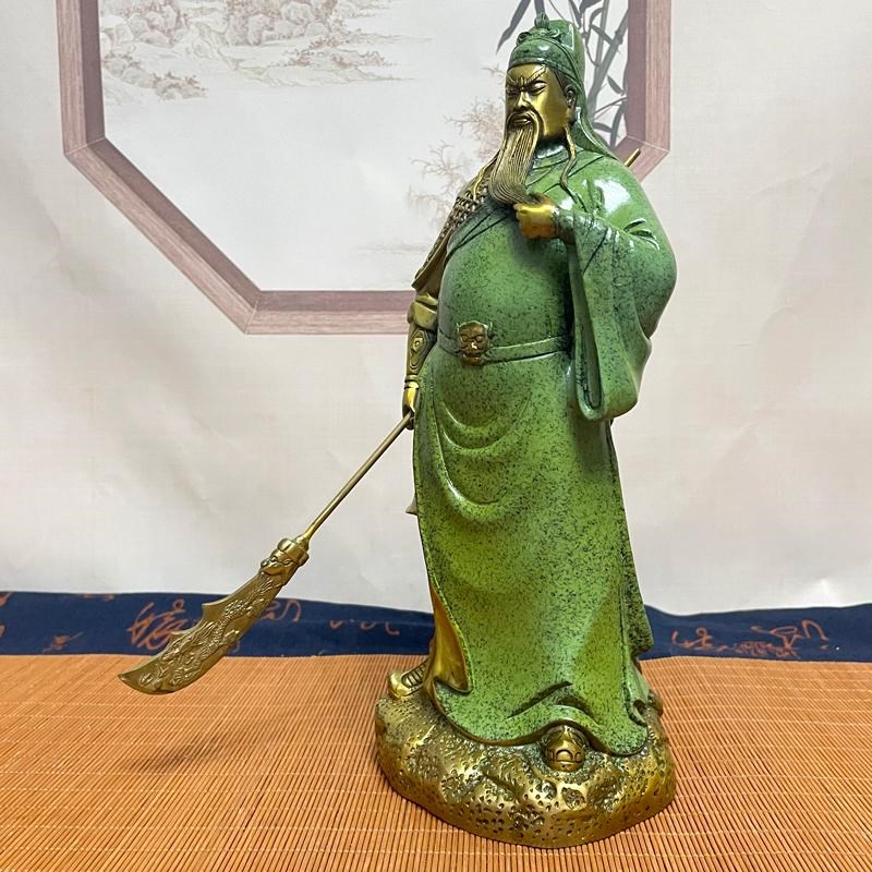 纯铜绿袍b关公神像武圣铜像摆件招财黄铜武财神关羽客厅开业关二