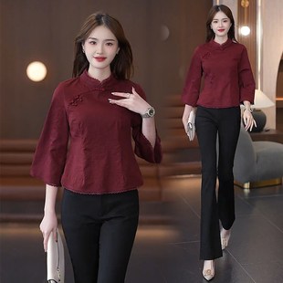 速发新中式七风国分款盘扣2024新袖改良版旗袍上衣气质衬衣