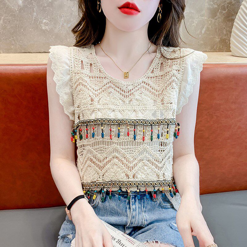 速发民族风吊带小背心夏袖外穿镂空罩衫流苏设计感无季叠穿针织上