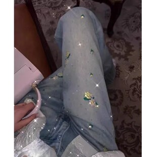 速发2妹24春小个子绣花带钻牛仔裤胖码大妹0春款裤子窄板阔腿裤