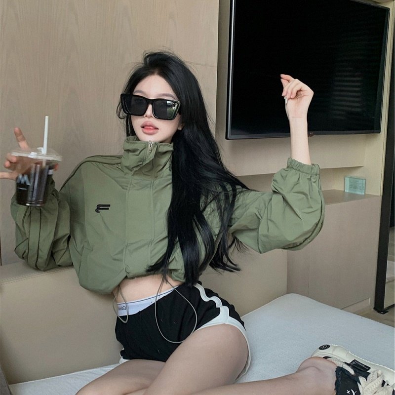 速发美式g色棒球外服套士欧货vita绿e立领冲锋衣短款防风防晒夹克