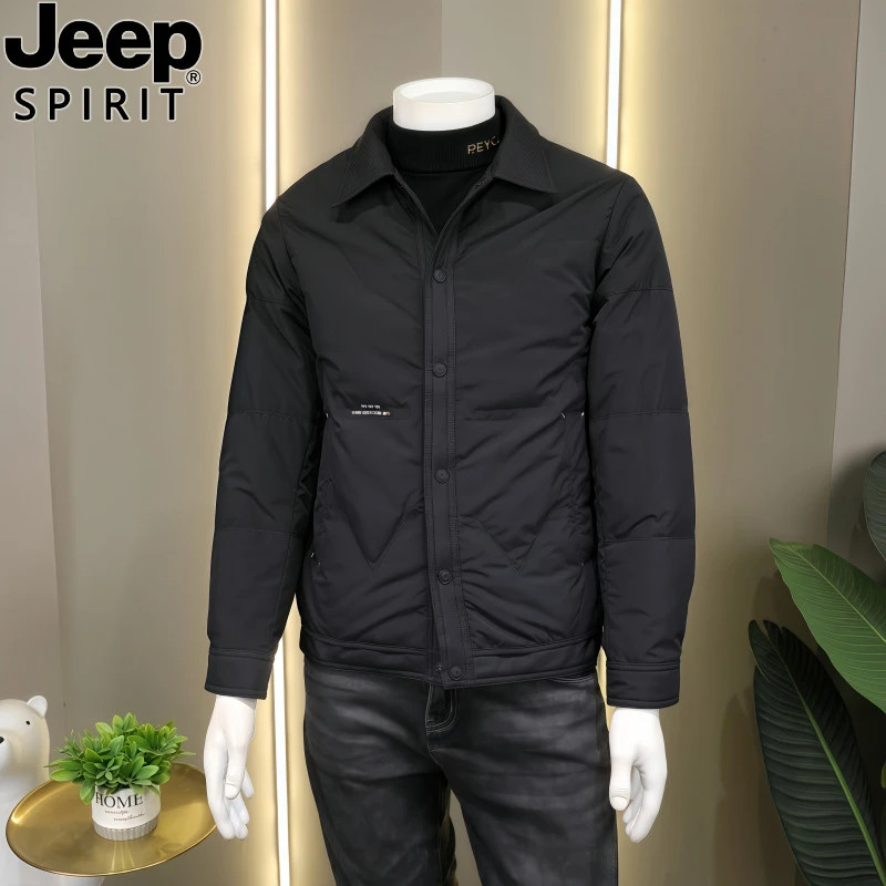 吉普Jeep男士短款羽绒服黑色翻领商务修身保暖外套2025新款休闲风,男装,羽绒服,淘宝优惠券,粉丝福利购,淘宝优惠卷