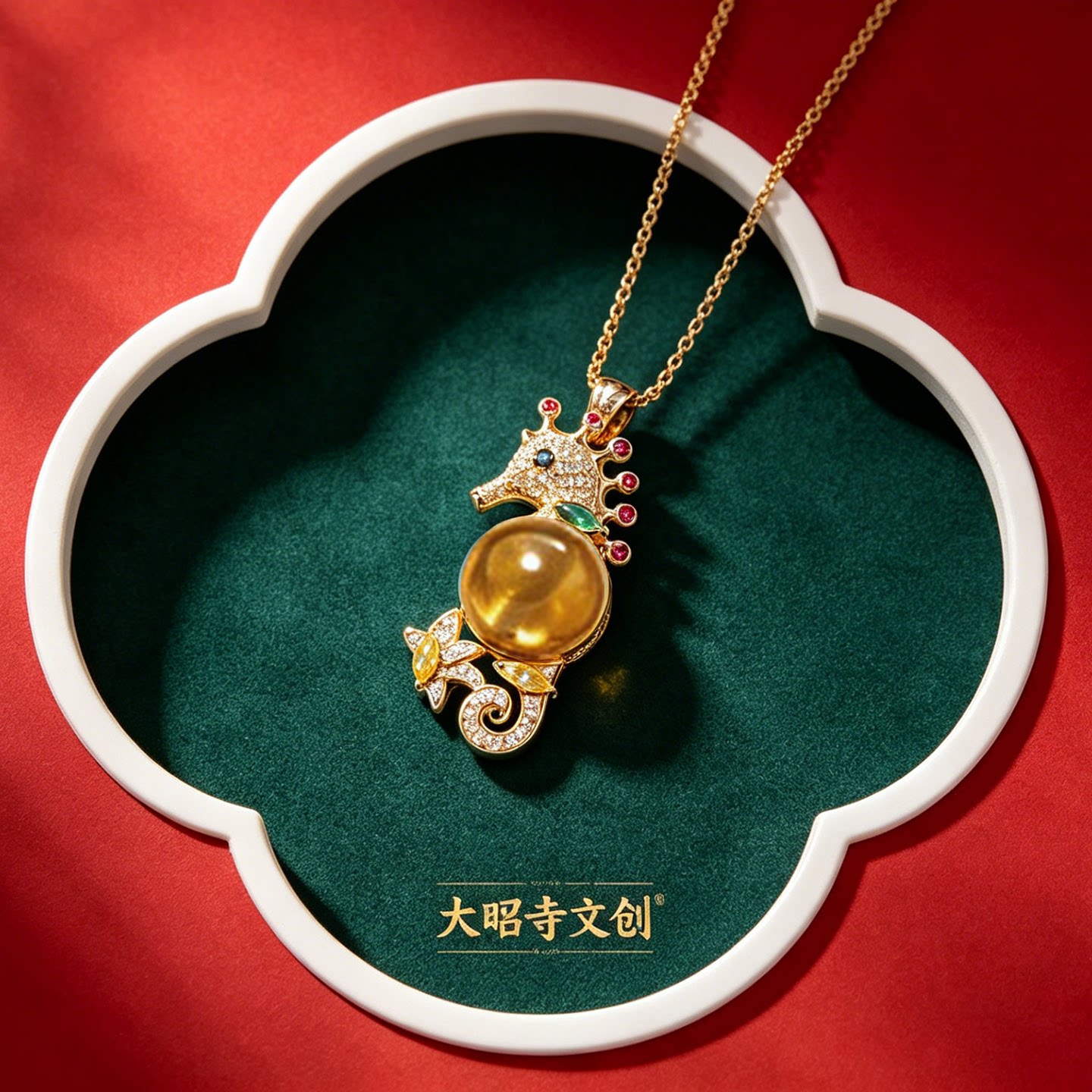 大昭寺S925镀金海马蓝珀锆吊坠