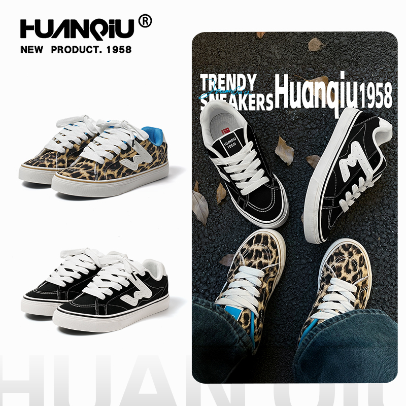 环球豹纹帆布低帮情侣滑板鞋