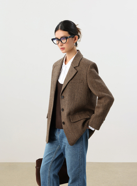 JESTOMS | 轻享智感 100%羊毛呢子西装外套女高级人字纹通勤上衣