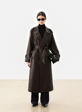 JESTOMS | 意式中古感 黑色大翻领PU皮风衣女oversize长款外套