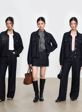 JESTOMS | 复古洗水牛仔原色_金属扣短款外套+包臀半身裙/三件套