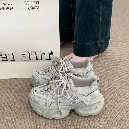新品厚底老爹鞋女2026新款春季巨好F看小个子增高鞋网面透气休闲