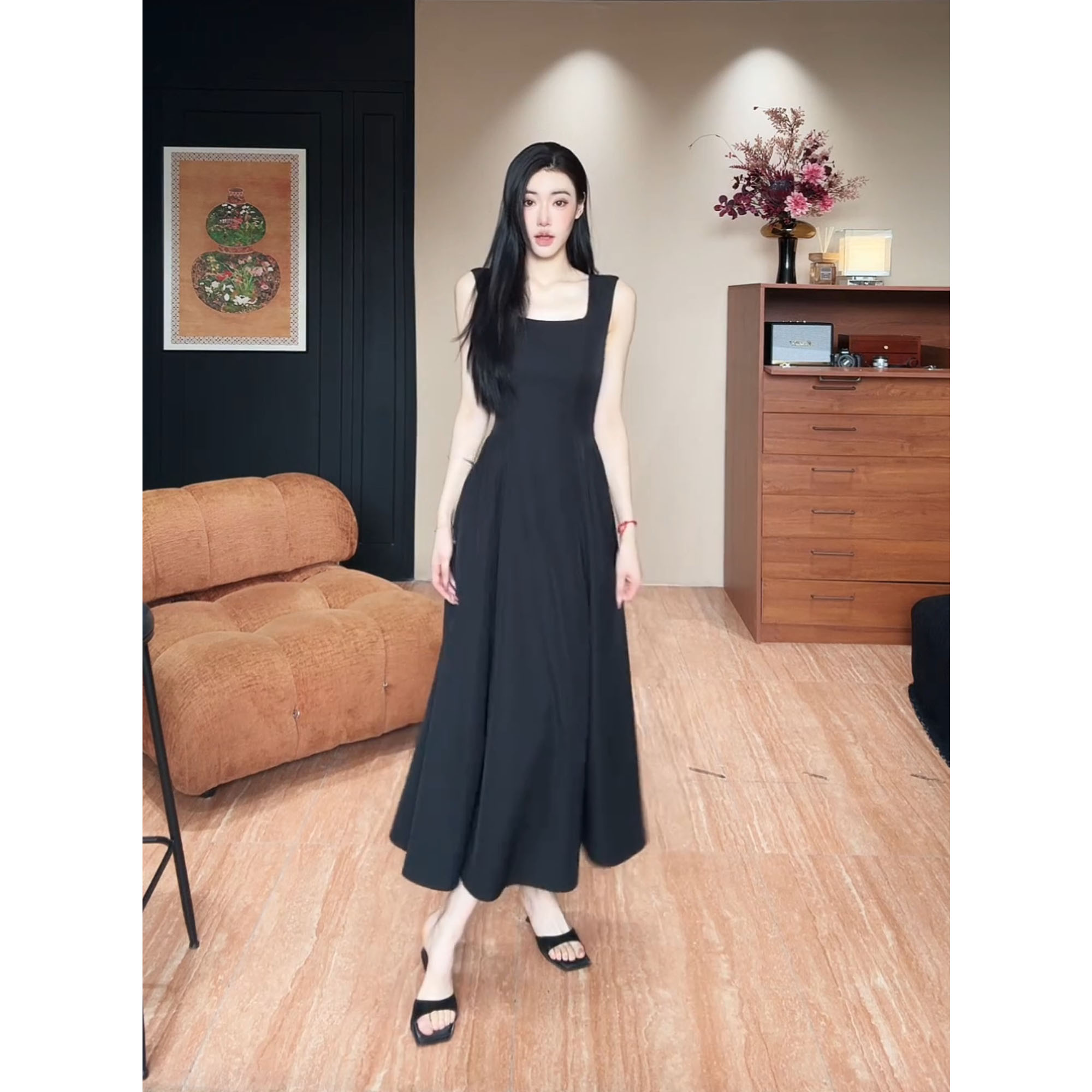 JIJINQI夏季方领无袖吊带连衣裙