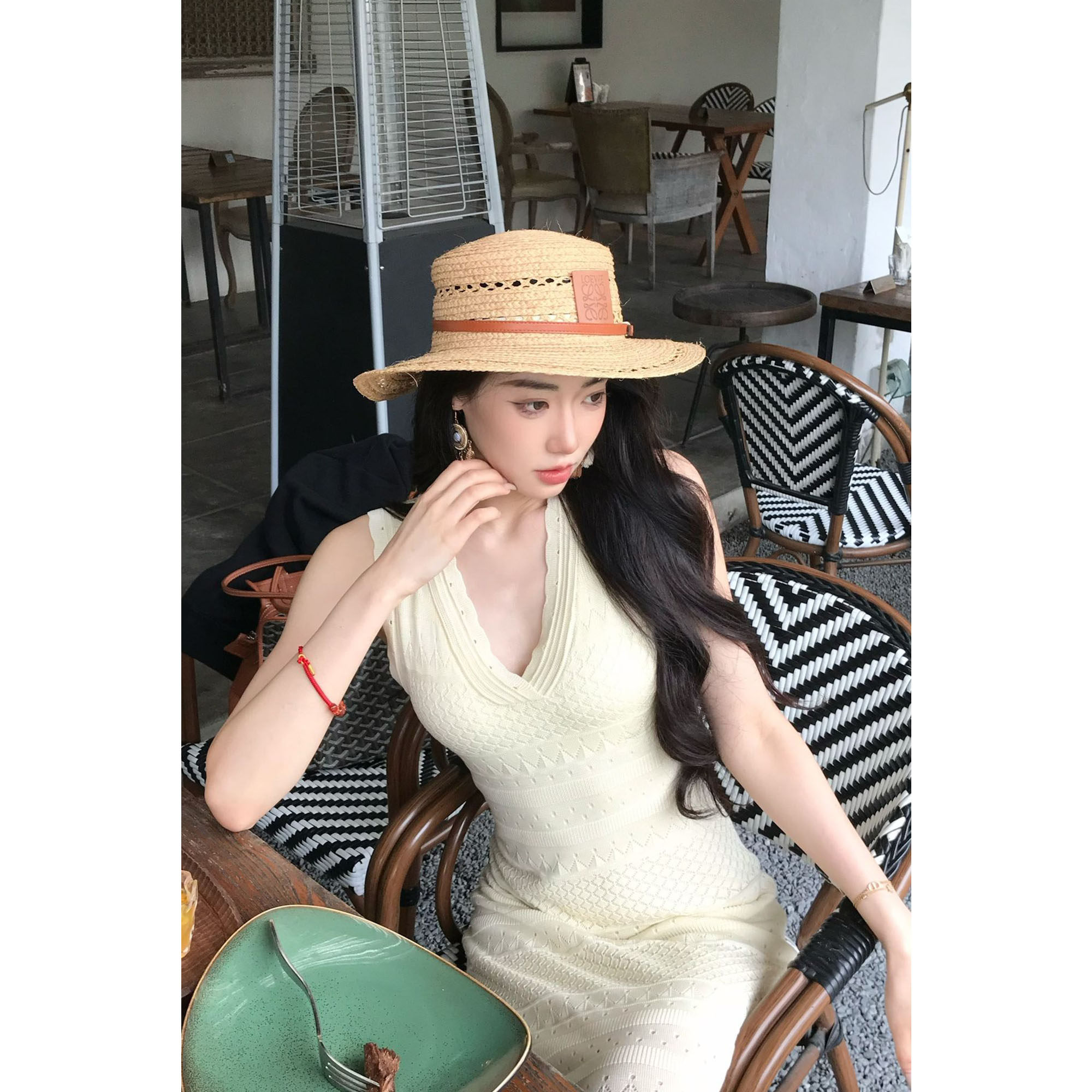 JIJINQI 夏显瘦时尚v领无袖挂脖连衣裙露肩褶皱包臀长裙百搭裙子