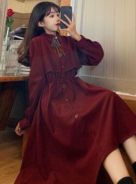 极速秋冬新款法式复古红色学院风文艺洋装大尺码胖Rmm显瘦遮肚减