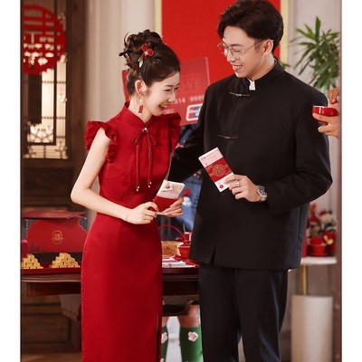 敬酒服2024新款l新娘小个子新中式旗袍红色晨袍结婚订婚礼服裙日