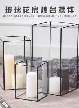 现代简约长方形几何玻璃灯罩浪漫蜡烛烛台餐厅咖啡厅室内装饰摆件