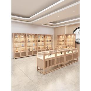 实木珠宝展示柜覆古原木展柜玉器陈列柜玻璃中岛柜台中式吊柜壁柜