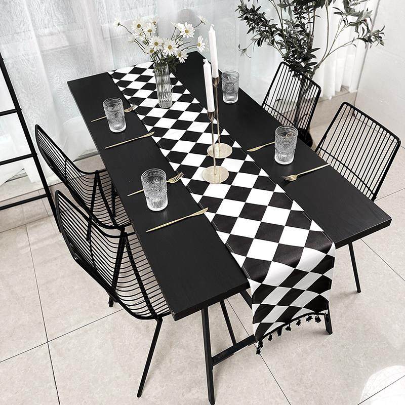 黑白菱形格桌旗皮质革北欧现代简约长方形防水防烫免洗茶几餐桌垫
