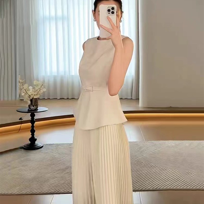 速发欧洲站2025夏新款小西装套装女白色无袖马甲阔腿裤长裤修身两