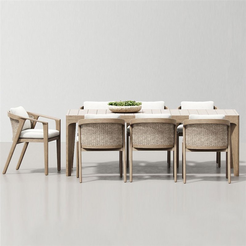 北欧户外柚木长桌藤椅庭院阳台休闲桌椅组合室外防水防.晒藤编桌