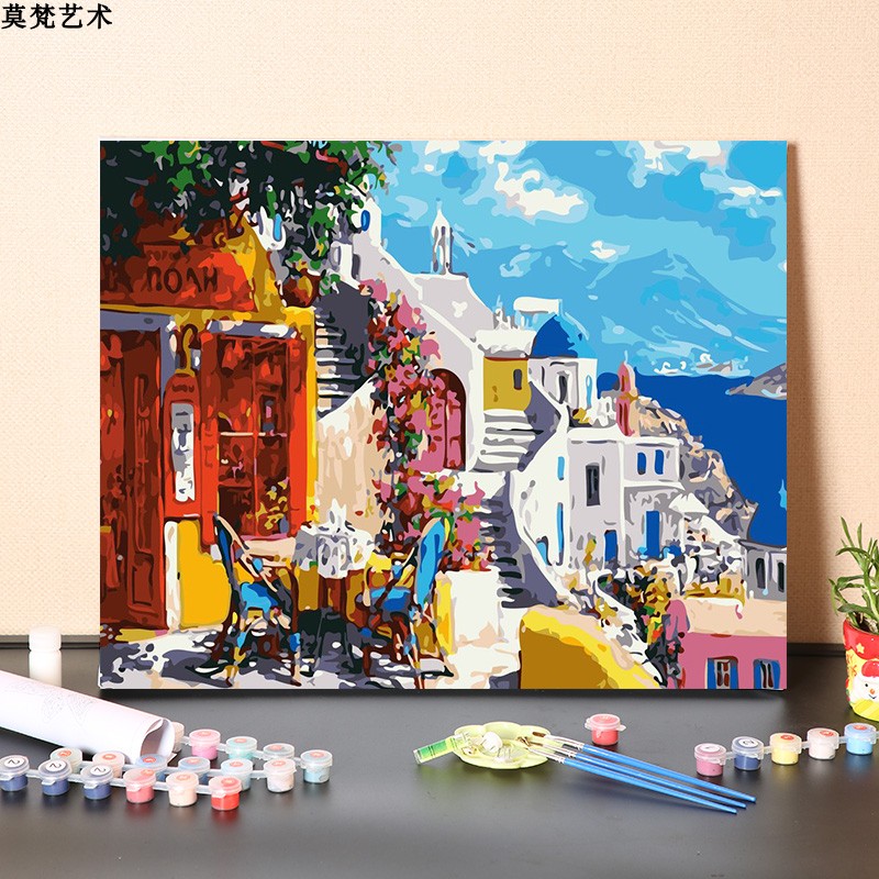 数字油画diy手工填充北欧宁静小镇E风景画装饰画涂色丙烯油彩画画图片