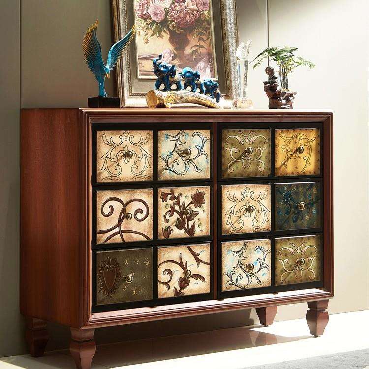 美式斗柜实木彩绘玄关柜靠墙客厅柜储物柜复古五斗橱卧室简约现代