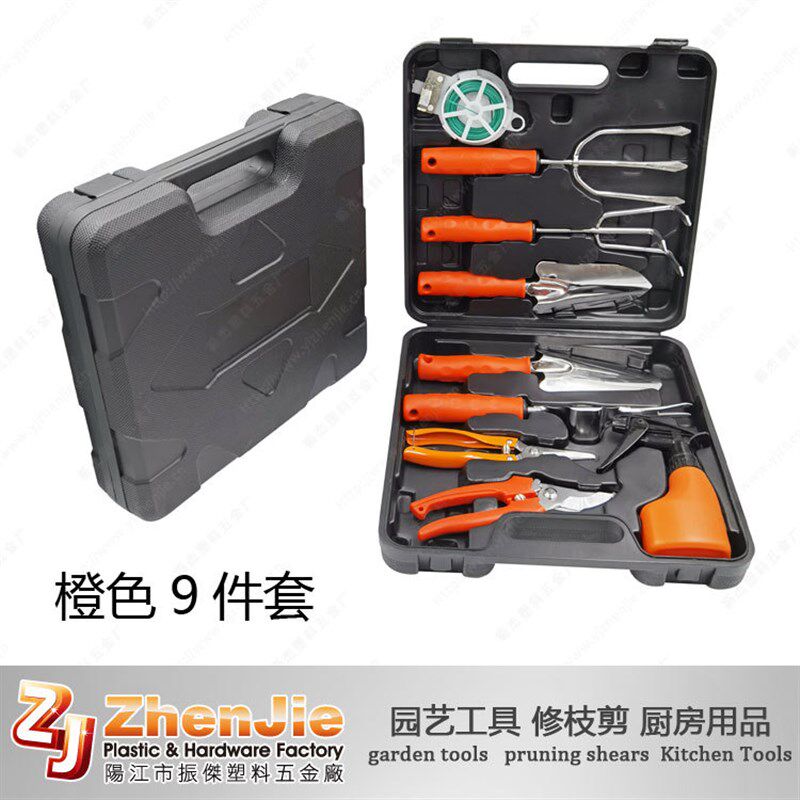 现货高品质新款袋装不锈钢十件套园艺工具套装花园用具铲耙锹剪
