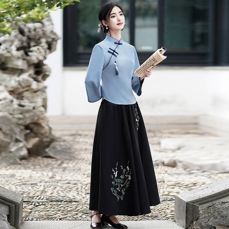 速发汉服改良版连衣裙秋中式国风茶服套装茶民师工作服艺国学生装