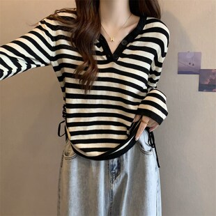 速发妹码不规则条纹V领长衣T恤胖妹大遮肚子针织上袖打底衫
