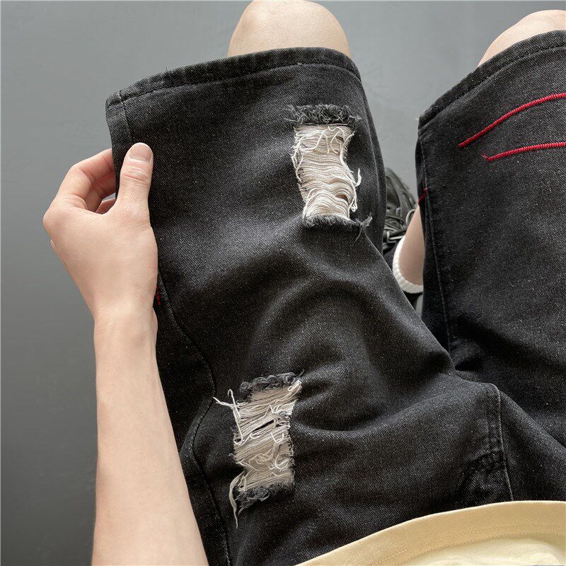 速发美式季烂破洞牛仔短裤男生夏水复古割洗刺绣宽松直筒五分中裤