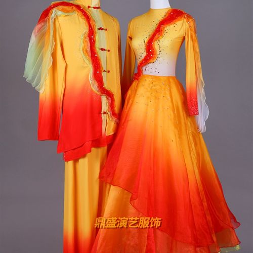 速发金黄红色开场舞大摆裙晚款男会歌伴舞衣服跳舞舞台演出礼服