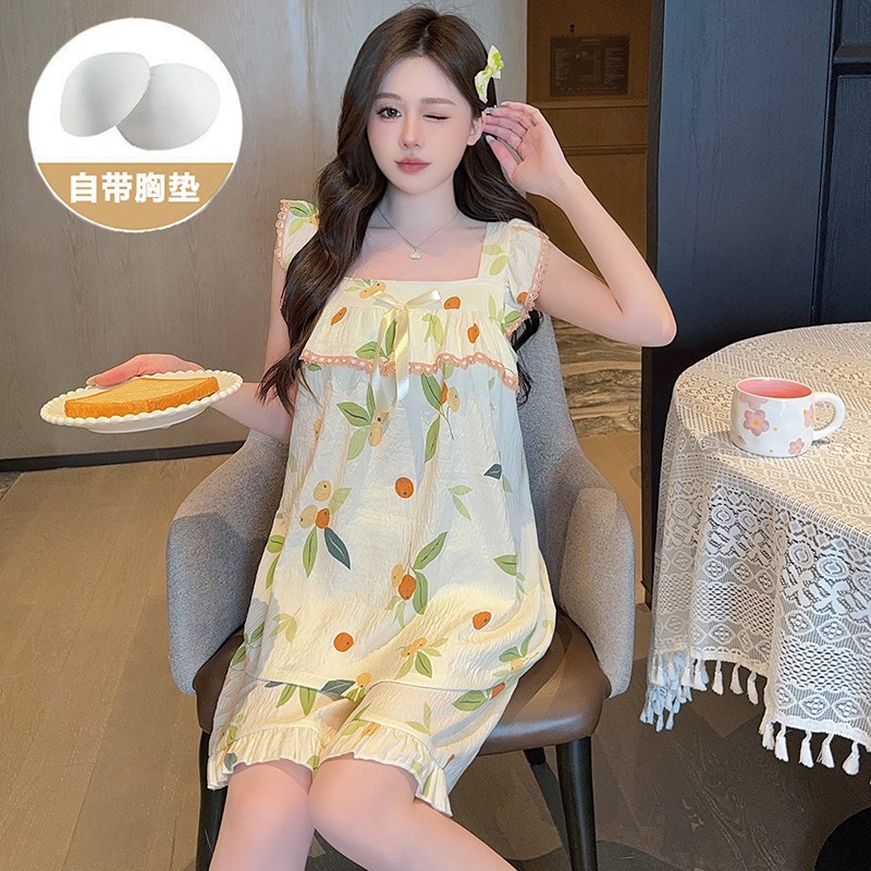 速发带胸垫可园风吊带睡服夏季薄款无袖背心短裤田爱公主家居衣套
