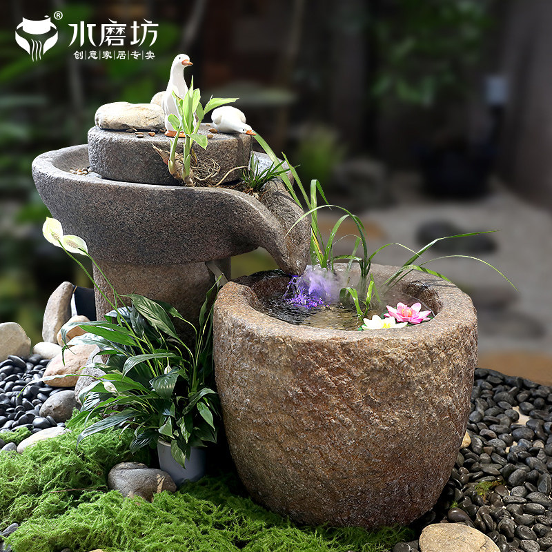 速发庭院花园布置石磨盘流水鱼假池山造观喷泉台循环水景景落地摆
