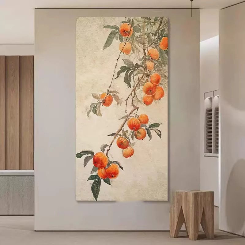 柿柿顺意新中式客厅水果装饰画走廊楼梯间入户玄关长条挂画图片