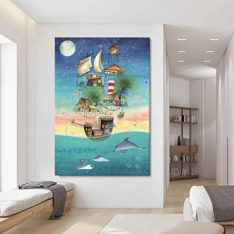 星空抽象动物儿童房装饰画大海帆船蓝色客厅玄关小众艺术喷绘挂画图片