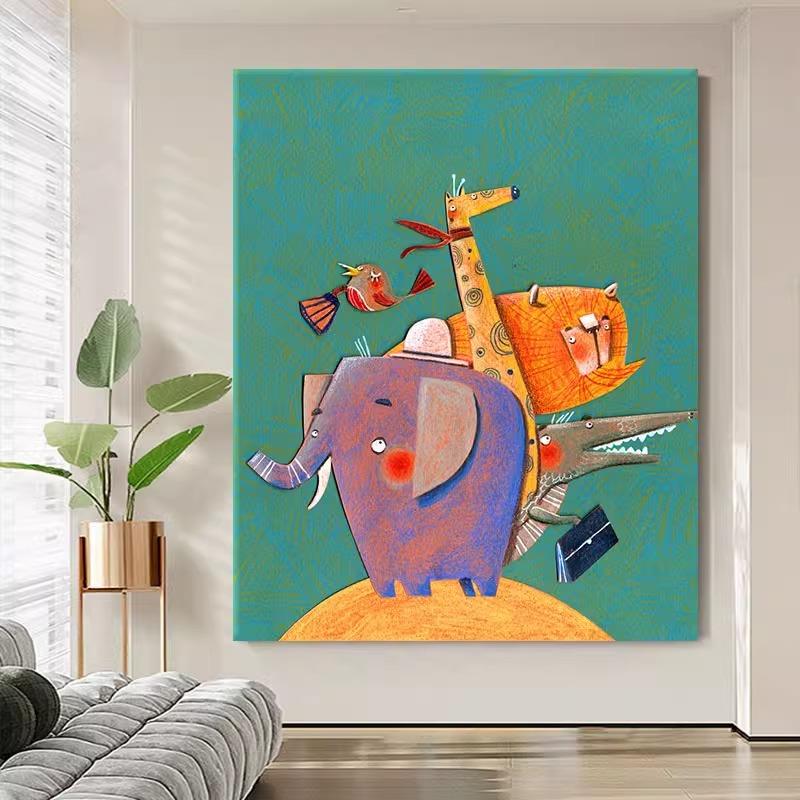 波普艺术卡通儿童书房创意潮流装饰画客厅玄关动物竖版肌理感挂画