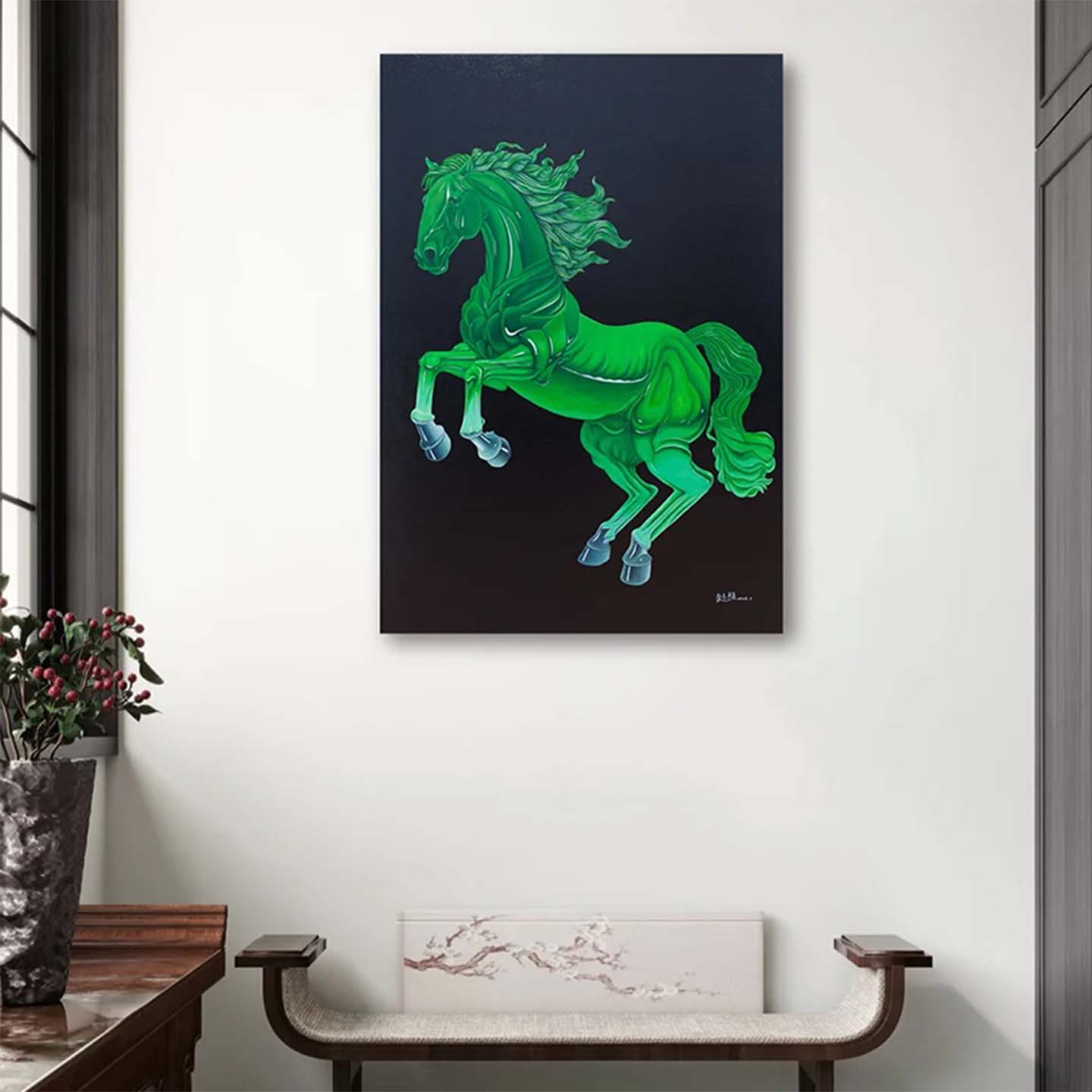 《万物有灵马》侘寂风客厅背景墙装饰画肌理感新款电表箱遮挡挂画