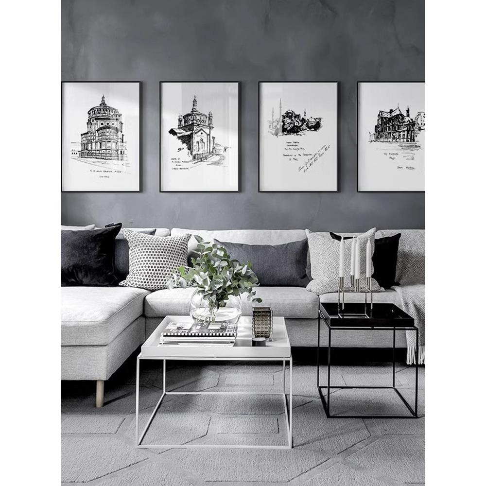 现代简约客厅床头沙发背景墙画梁思成建筑速写美式装饰画素描挂画图片