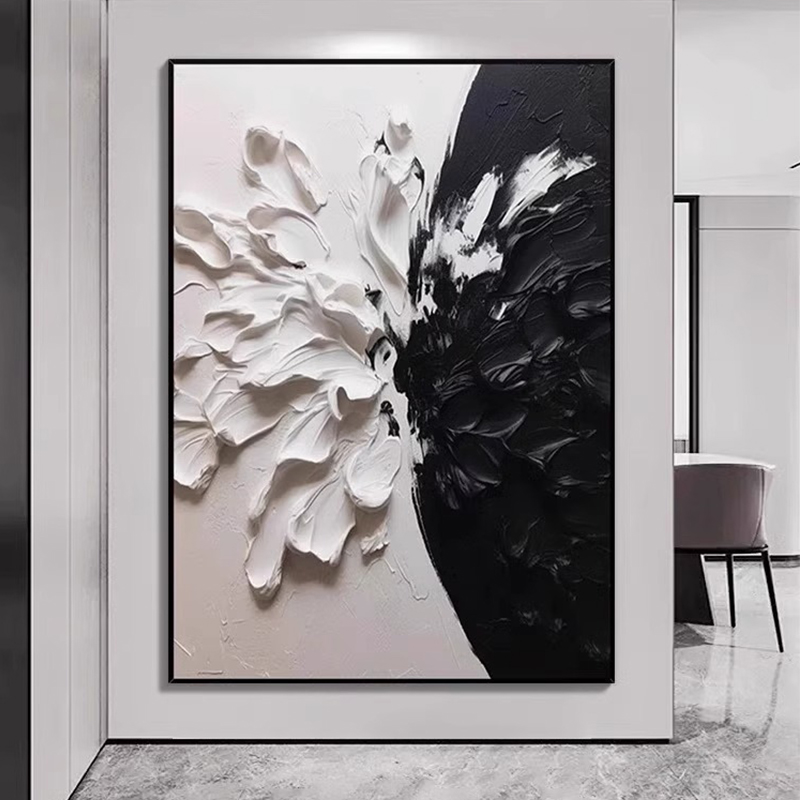 黑白抽象肌理感花卉玄关装饰画现代客厅沙发背景墙别墅壁挂画大幅图片