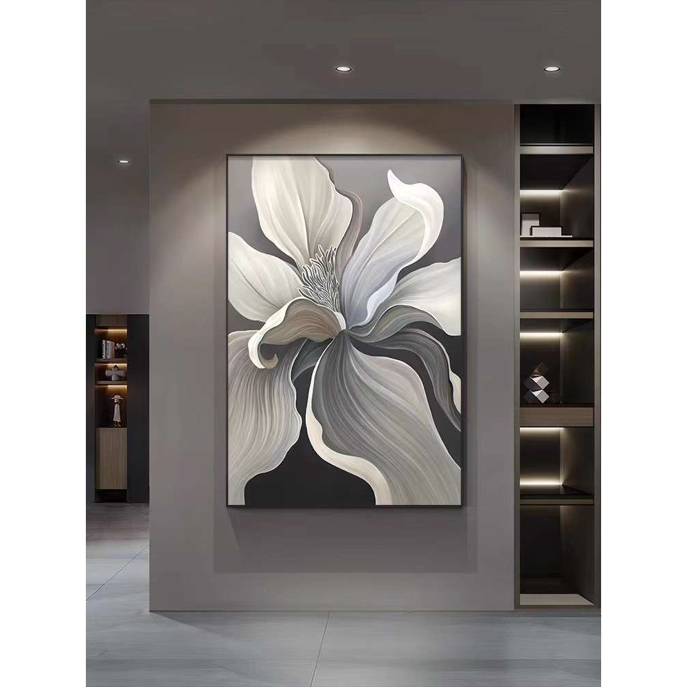 纯手绘油画现代简约挂画黑白花卉客厅装饰画沙发玄关画大幅落地画图片
