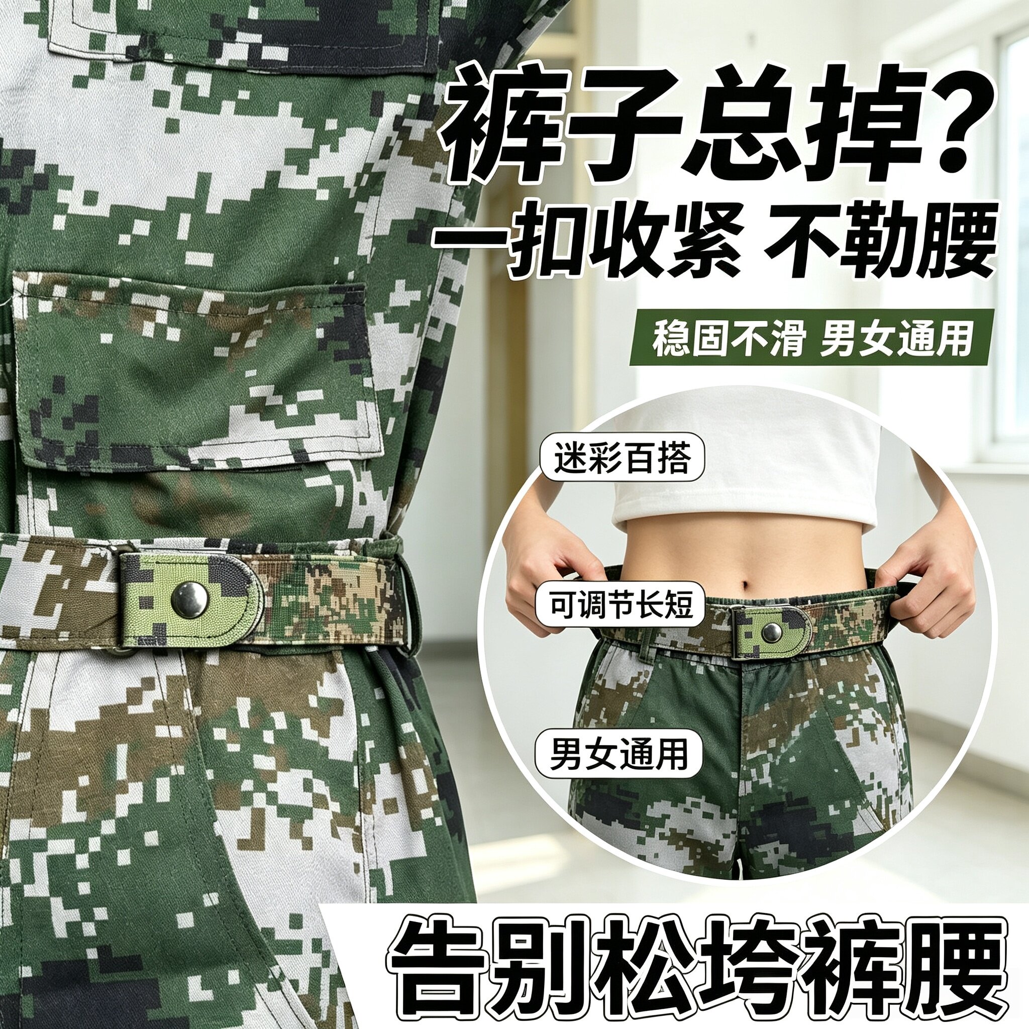 隐形懒人迷彩军训腰带学生松紧可调节裤带隐形无痕皮带裤腰护腰