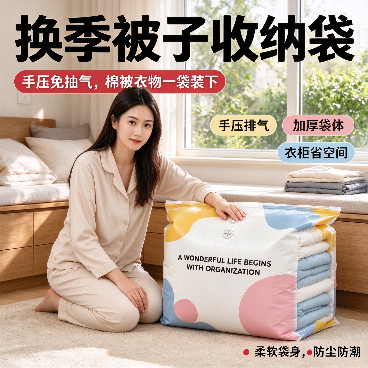 加厚手压免抽气立体真空压缩袋棉被衣物收纳袋大容量家用整理袋