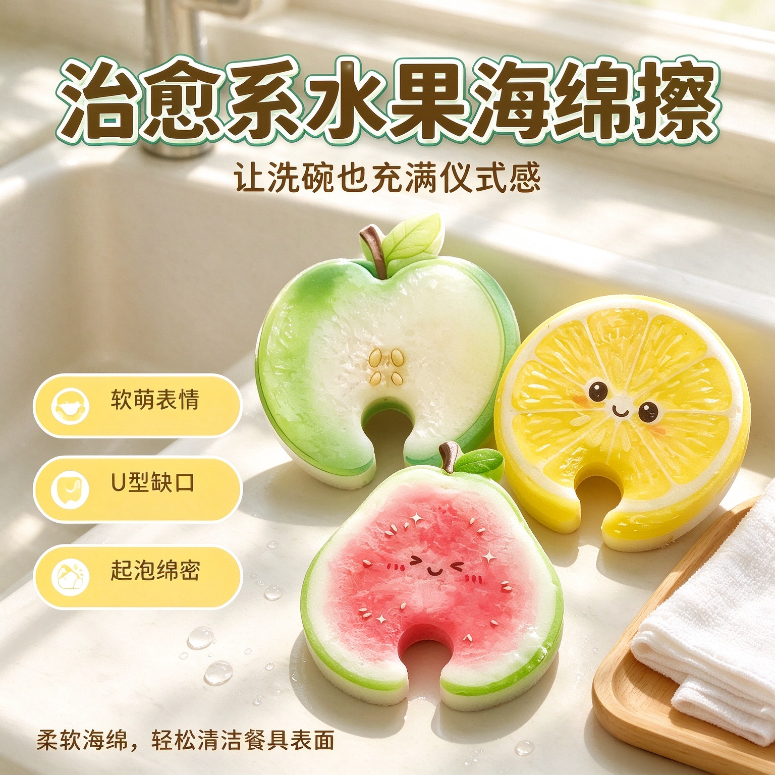 软萌表情水果洗碗去污海绵擦
