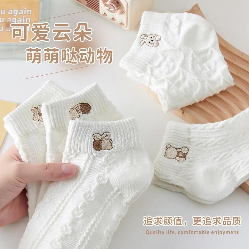 春夏透气抗菌白色小熊女船袜