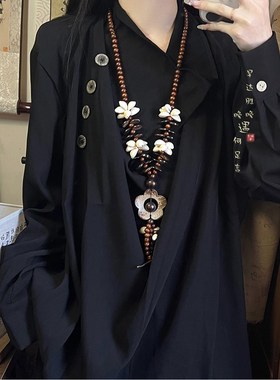 极速咖啡色手工椰壳m串珠花朵项链女新中式复古国风长款流苏毛衣